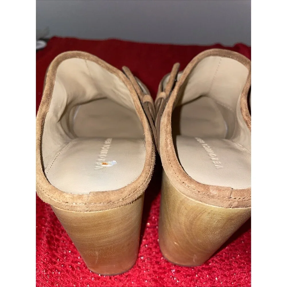 Veronica Beard Dacey Buckle Suede Clogs size 11M USA women Tan Pecan Wood Metals